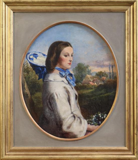 Attributed to Auguste Leopold Egg Portrait of a lady wearing a blue bonnet oval, 11.5 x 9.5in.